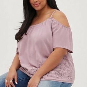 Torrid Challis Eyelet Border Cold Shoulder Top 3x elderberry purple sequins